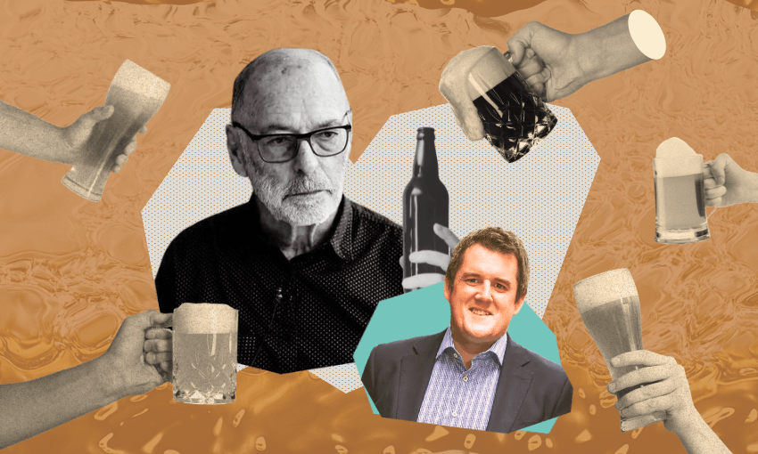 A man with glasses, a man in a suit and hands holding beer