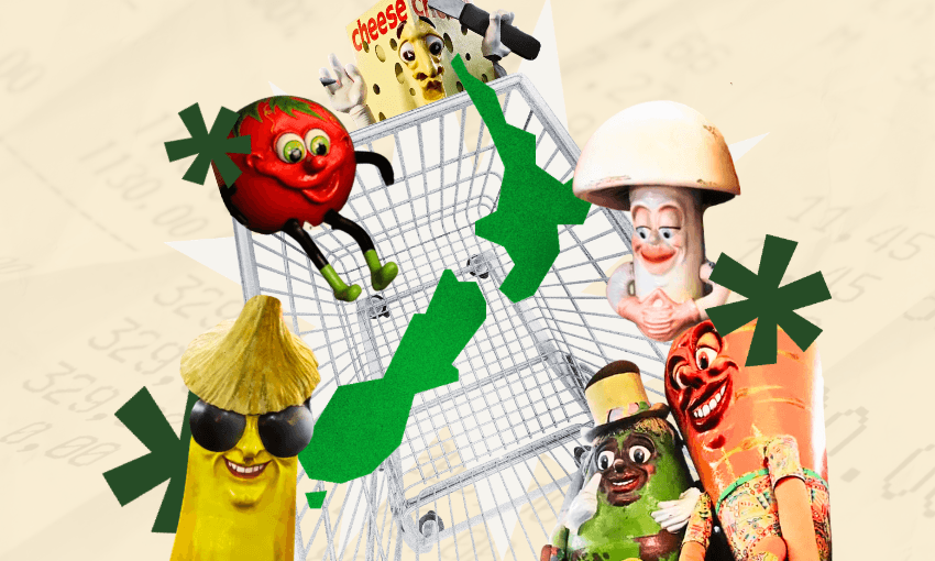 A shopping cart surrounded by animated food mascots: a tomato, cheese, mushroom, pickle, and two bottles, all with faces and lively expressions. Green asterisks and maps accent the playful scene.