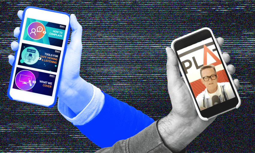 A blue hand holds a phone showing app icons; a grayscale hand holds a phone displaying a person in glasses speaking. The background is textured with horizontal lines.