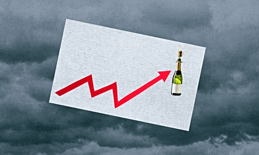 Champagne on ice, or an economy on thin ice? Image: The Spinoff 

