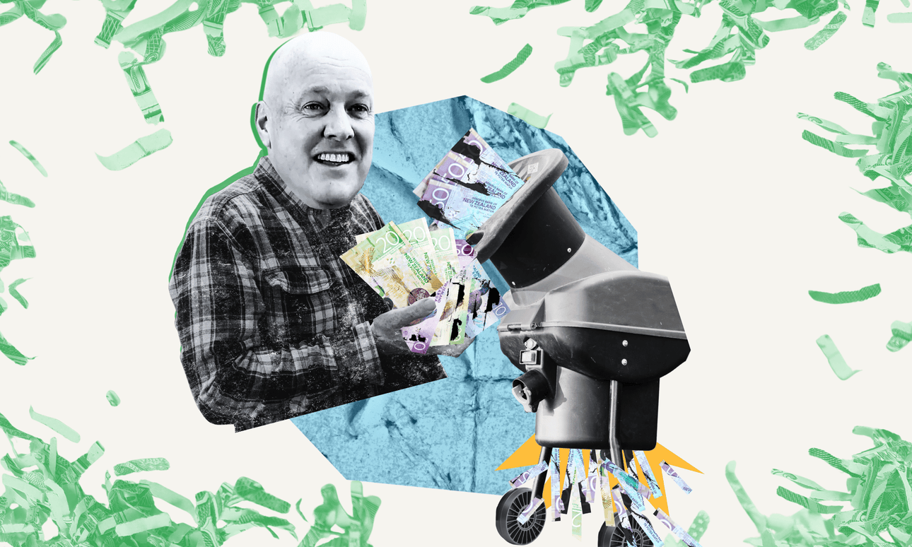 A smiling person holds colorful bills near a machine that shoots out confetti-like money, all set against an abstract blue and green background.