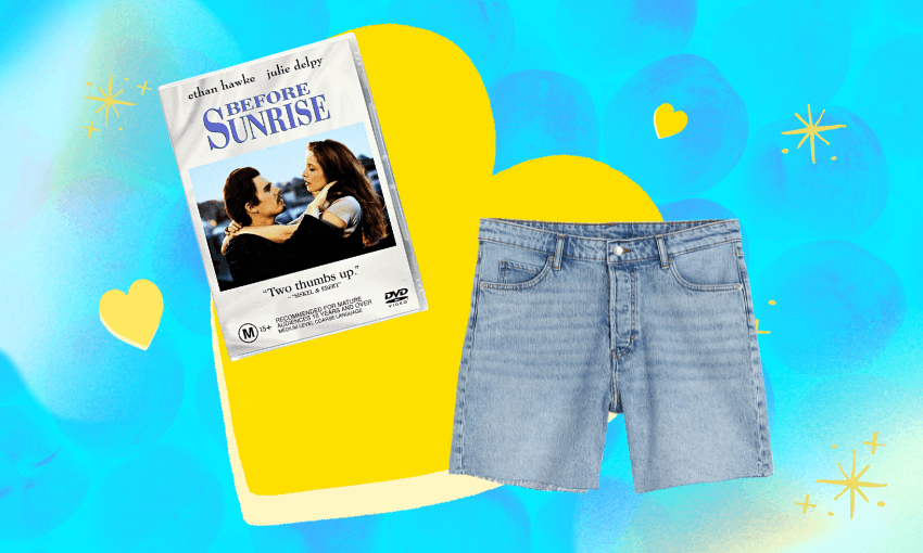 aqua blue patterned background with a yellow heart shape, a dvd of the movie Before Sunrise, and a pair of blue denim shorts