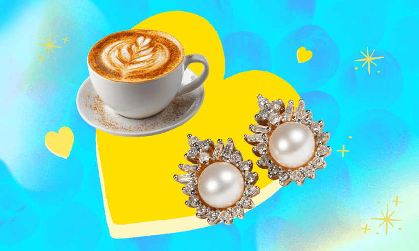 blue dating files template background with a yellow heart shape and cutout images of a cup of coffee and a pair of pearl earrings