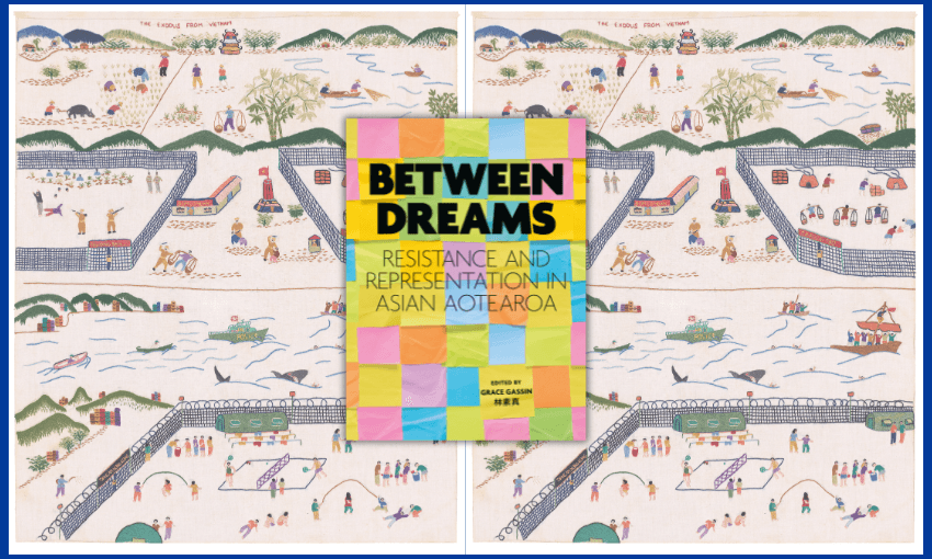The cover of Between Dreams lies over top of a photo of ‘The Exodus from Vietnam’, maker unknown, c.1992. Museum of New Zealand Te Papa Tongarewa GH018489. Gift of Dinah and Richard Towle, 2022. 
