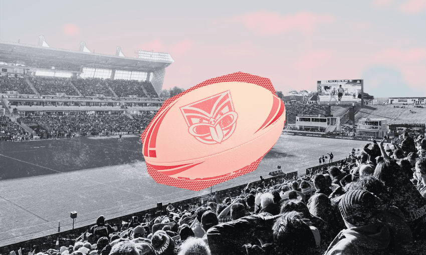 A rugby stadium filled with fans in black and white, with a large, colourful rugby ball featuring a stylised face logo digitally added to the centre.