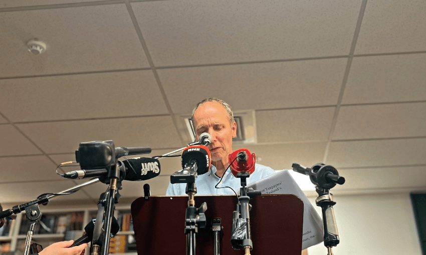Nicky Hager speaks at the Dirty Work book launch. (Photo: Lyric Waiwiri-Smith/The Spinoff)