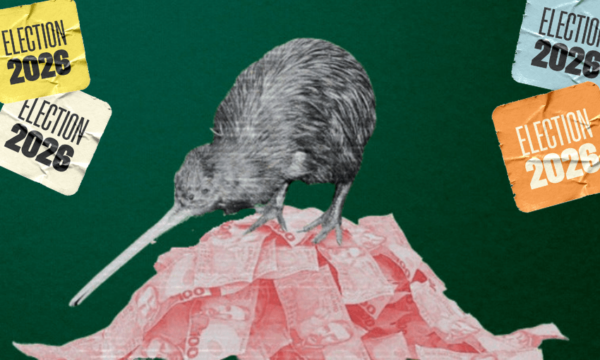 A kiwi bird stands on a pile of New Zealand banknotes, surrounded by election 2026 posters in yellow, white, and orange, set against a green background.