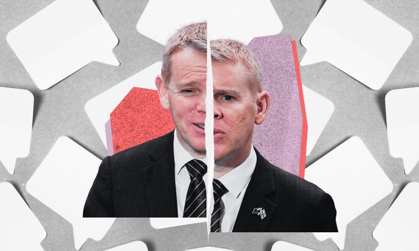A split photo of a man in a suit, with each half showing a slightly different expression, over a background of speech bubbles and abstract shapes.