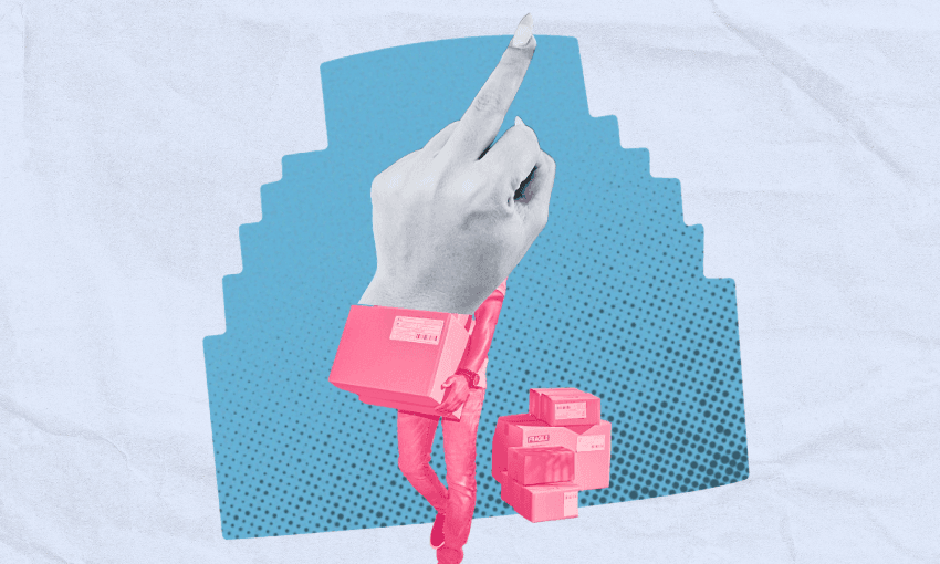 A collage shows a hand with an extended middle finger emerging from a pink sleeve. Below, pink packages are stacked, and the background is blue with a stepped shape and dotted pattern.