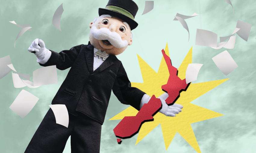 A person in a Monopoly mascot costume holds a red map of New Zealand with papers flying around and a yellow burst graphic behind them, against a cloudy sky background.