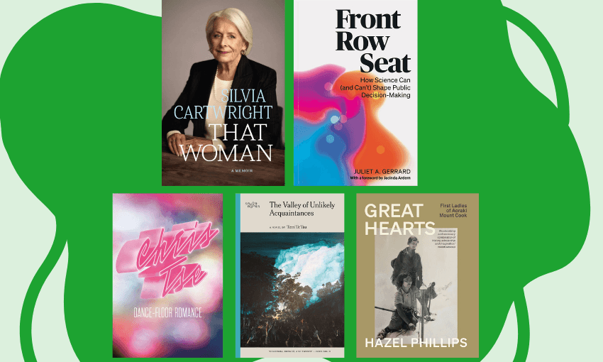 Five book covers on top of a background of green shapes.