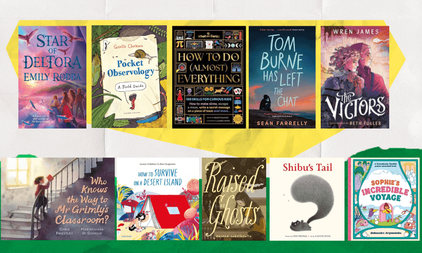 Five book covers arranged in two rows with coloured shapes and textures collaged behind them.