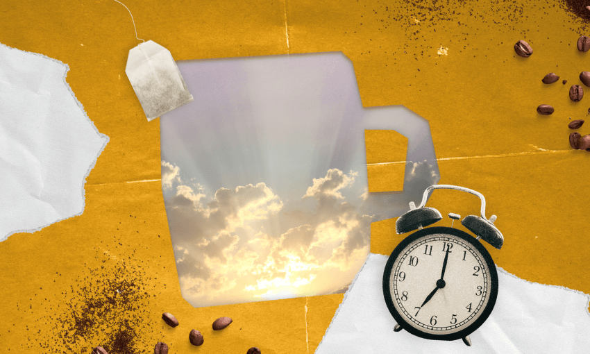 Coffee beans, tea bag, alarm clock and silhouette cup.