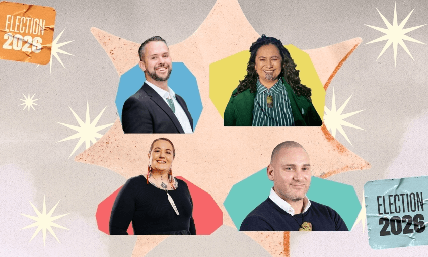 Te Tai Tonga candidates Tākuta Ferris (top left), Lisa Te Morenga (top right), Lisa Marie Murch (bottom left) and Mananui Ramsden. (Photos: Facebook. Design: The Spinoff).