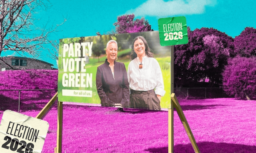 A large election billboard with two smiling women promotes the Green Party. Signs read “Election 2026.” The grass is bright purple, and the sky is turquoise. Trees and a house appear in the background.