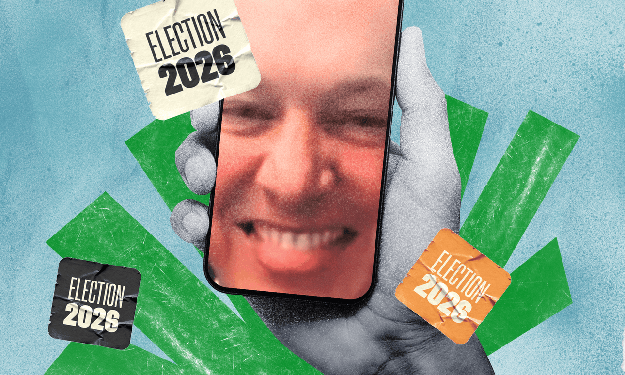 A hand holds a smartphone showing a close-up of a smiling face. Surrounding the phone are three stickers labeled “Election 2026” against a blue and green graphic background.