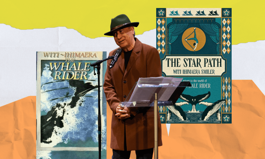 Witi Ihimaera standing at a microphone with a music stand with papers on it. Behind him are covers of The Whale Rider, and The Star Path. Behind them are coloured shaped textured like paper.