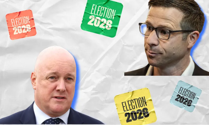 Two men in suits are shown on a crumpled white background, surrounded by colorful stickers reading “ELECTION 2026” in green, red, yellow, and blue.
