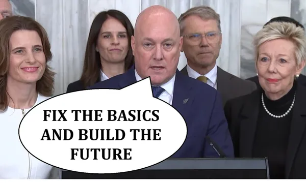 A group of people in formal attire stand together, with a man at a podium saying, “FIX THE BASICS AND BUILD THE FUTURE” in a speech bubble.