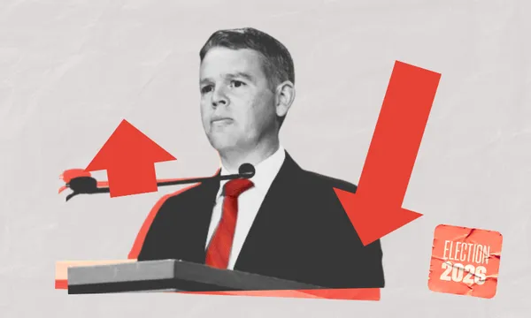 A man in a suit and red tie stands at a podium with red arrows pointing up and down. A small “Election 2024” graphic appears in the corner. The background is textured and light-colored.