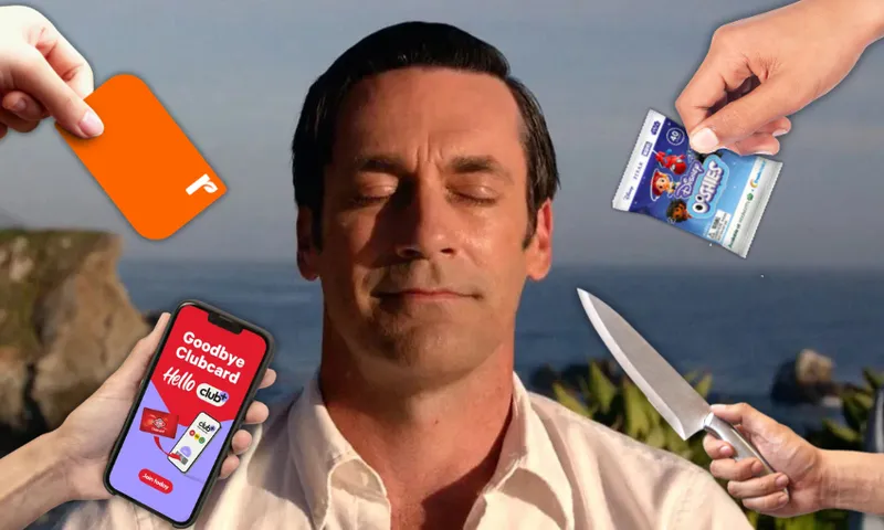 Jon Hamm as Don Draper in Mad Men sits in the sun with the ocean behind him, eyes peacefully shut. Around him, hands appear brandishing supermarket rewards cards and promotional items