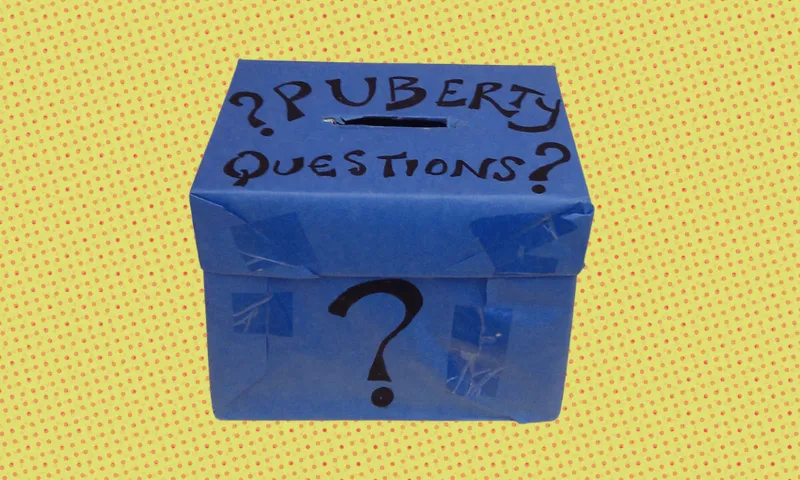 A blue box labeled “PUBERTY QUESTIONS?” with a question mark, set against a yellow polka dot background. The box has a slot on top for submitting questions.