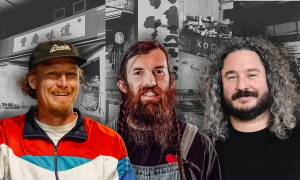 a background of black and white shopfronts with a foreground of three portraits of men, one cleanshaven wearing a hat, another with a long brown beard and brown hair and the third with a black beard and curly long grey hair