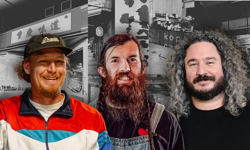 a background of black and white shopfronts with a foreground of three portraits of men, one cleanshaven wearing a hat, another with a long brown beard and brown hair and the third with a black beard and curly long grey hair