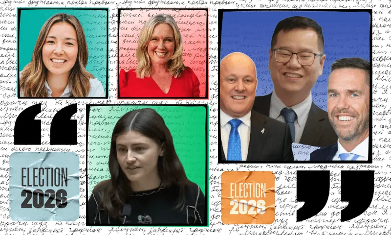 A collage of six people, some smiling, with colorful backgrounds, quote marks, and “ELECTION 2026” text boxes. Handwritten script is faintly visible in the background.