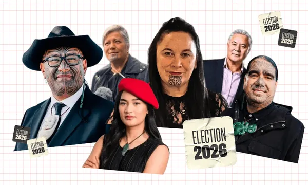 A collage of six people with Māori facial tattoos and traditional clothing, with “Election 2026” notes around them, on a grid background.