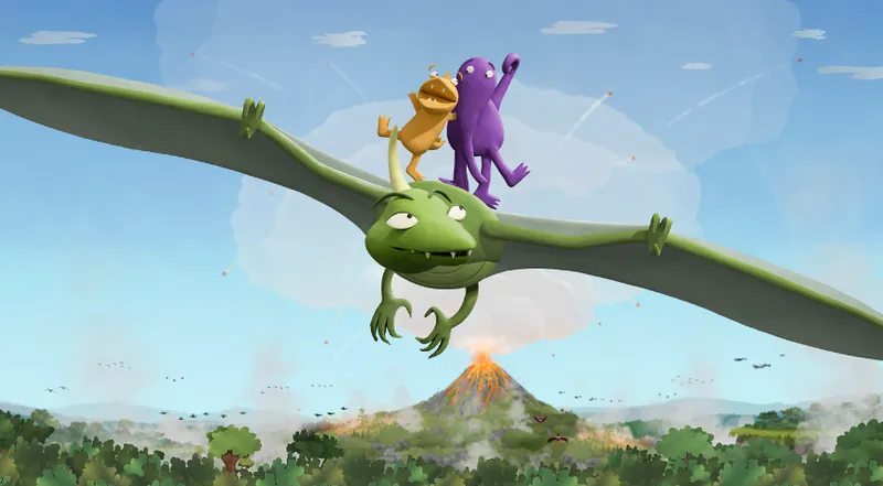 A large winged dinosaur carries two small dinosaurs on its back, flying away from an exploding volcano.