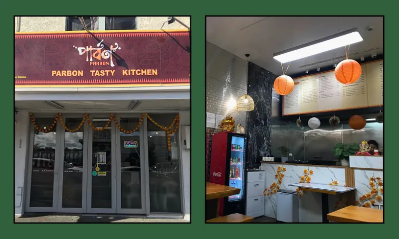 Two images: the exterior and interior of “Parbon Tasty Kitchen.” Outside has a decorated red sign and closed glass doors. Inside features hanging lanterns, a menu board, and a counter with a fridge.