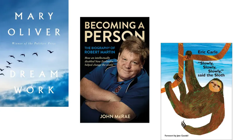 Three book covers descending.