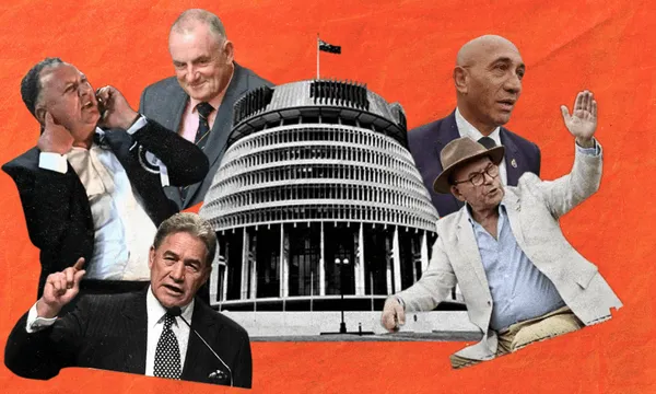 Five men in suits and jackets are positioned around a government building with a New Zealand flag on top, all set against an orange background. The men appear to be in discussion or gesturing animatedly.