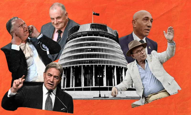 Five men in suits and jackets are positioned around a government building with a New Zealand flag on top, all set against an orange background. The men appear to be in discussion or gesturing animatedly.