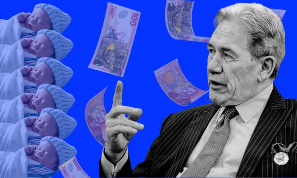 A man in a suit gestures while rows of babies in blue hats and floating banknotes appear against a bright blue background.