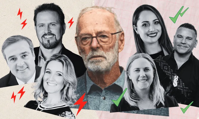 Collage of seven people, some with green check marks or red lightning bolts overlaid. The central older man is in color, others are in black and white with various expressions. Background includes textures and grid patterns.