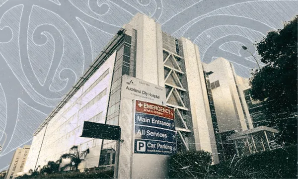 A hospital building with an emergency sign and parking directions; ornate patterns overlay the sky in the background.