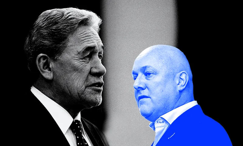 Two men in suits face each other; the man on the left is shown in grayscale, while the man on the right is tinted blue. The background is dark with a light vertical stripe between them.