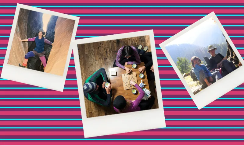 a stripey pink, purply and aquamarine background with three polatoid pictures, one of a kid in blue polypro, one of a woman in a canyon wearing stripes, and one of people in stripes gathering around a table to pay boardgames