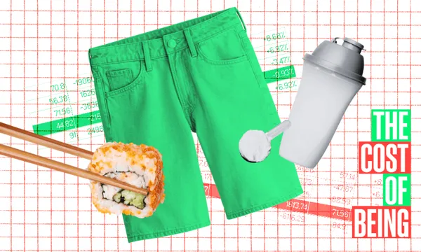 Collage of green shorts, sushi held with chopsticks, protein shaker, and a scoop of protein powder on a financial graph background. Text on the right reads "The Cost of Being." The graph has red and green lines with percentages.