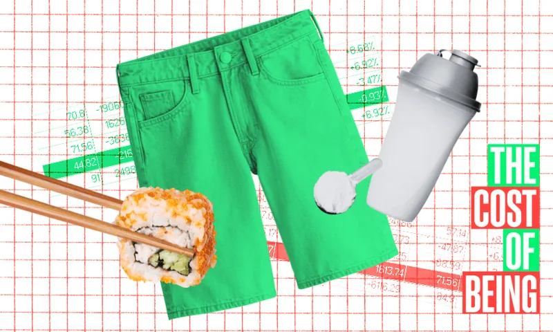 Collage of green shorts, sushi held with chopsticks, protein shaker, and a scoop of protein powder on a financial graph background. Text on the right reads "The Cost of Being." The graph has red and green lines with percentages.