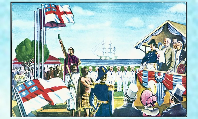 a painted image of the united tribes flag a red gross on a white background with some blue stars, and some Māori chiefs with British soldiers. a very colonial tinged image but interesting as a historical artifact, and to see the flag in action