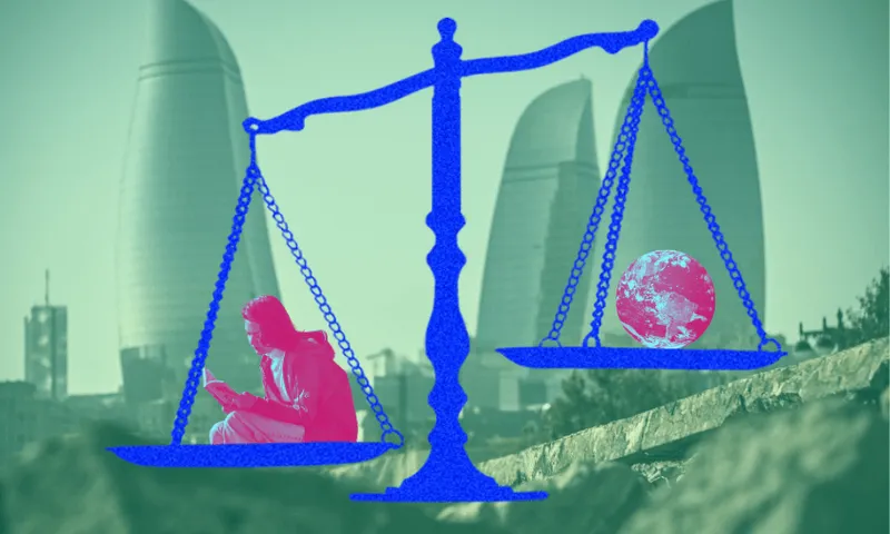 A digital collage featuring a blue balance scale against skyscrapers. On one side, a red-tinted person is reading a book, while the other side holds a globe. The background is a green-tinted cityscape with modern buildings.
