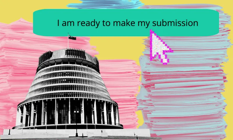 Abstract image of a rounded building with colorful brushstroke patterns in the background. A large, neon-colored cursor points to a speech bubble reading, "I am ready to make my submission.