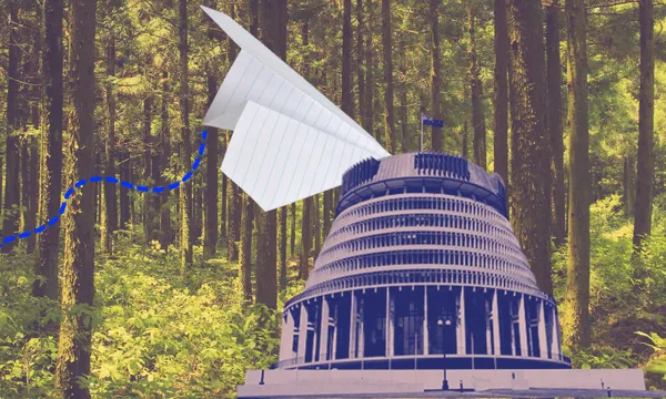 a forest with the beehive sitting in it and a paper plane crashing into the beehive