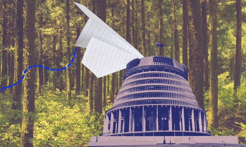 a forest with the beehive sitting in it and a paper plane crashing into the beehive