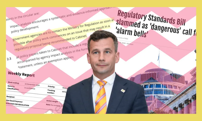 A man in a suit and orange tie stands in front of a collage of documents and text fragments. Behind him is an image of a government building. The text includes phrases like "Regulatory Standards Bill" and "Government agencies are to contact.
