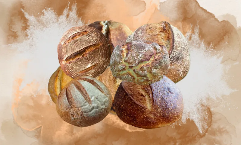 An assortment of artisan bread loaves, each with distinct textures and crust patterns, arranged against a watercolor-style background in earthy tones.