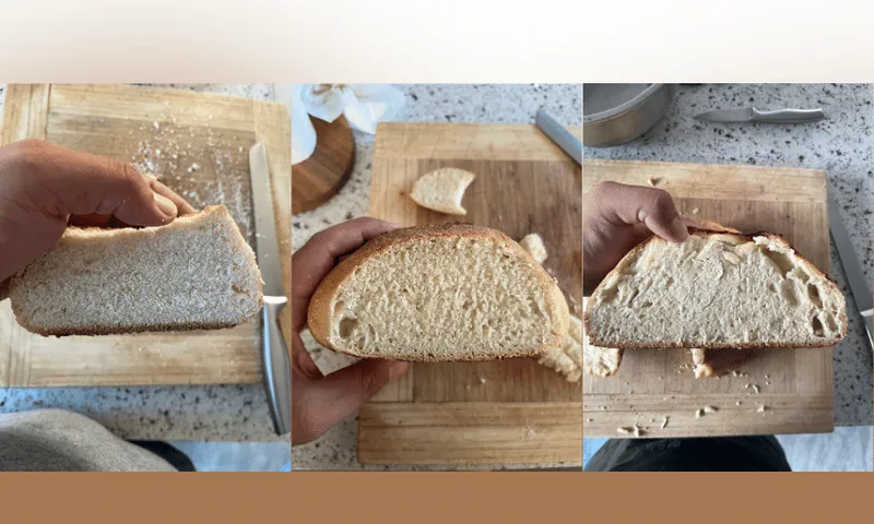 Three close-up images show hands holding slices of freshly baked bread over a wooden cutting board. The bread has a light brown crust and a soft, airy crumb. A knife and more bread pieces are visible on the speckled countertop.